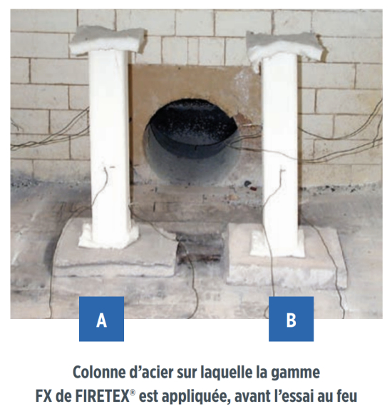 Colonne d'acier après l'essai au feu, avec le produit de carbonisation recouvert d'intumescent