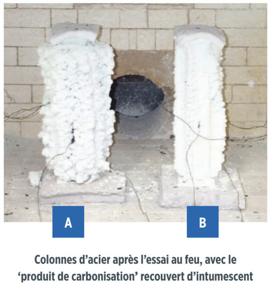 Colonne d'acier apr&egrave;s l'essai au feu, avec le produit de carbonisation recouvert d'intumescent